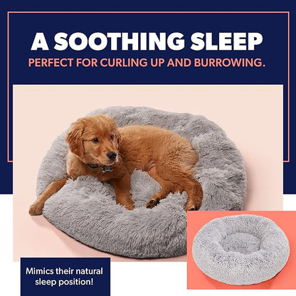 Active Pets Plush Calming Donut Dog Bed - Anti Anxiety Bed for Dogs, Soft Fuzzy Comfort - for Large Dogs, Fits up to 100lbs, 36" x 36" (Large, Light Grey)