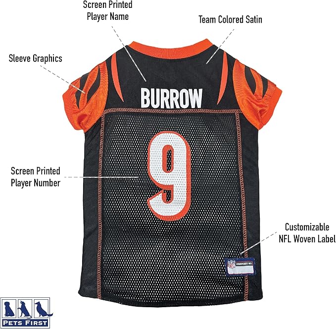 NFLPA Joe Burrow PET Jersey, NFL Dog Shirt, Size X-Small, Cincinnati Bengals Mesh Jersey for Dogs