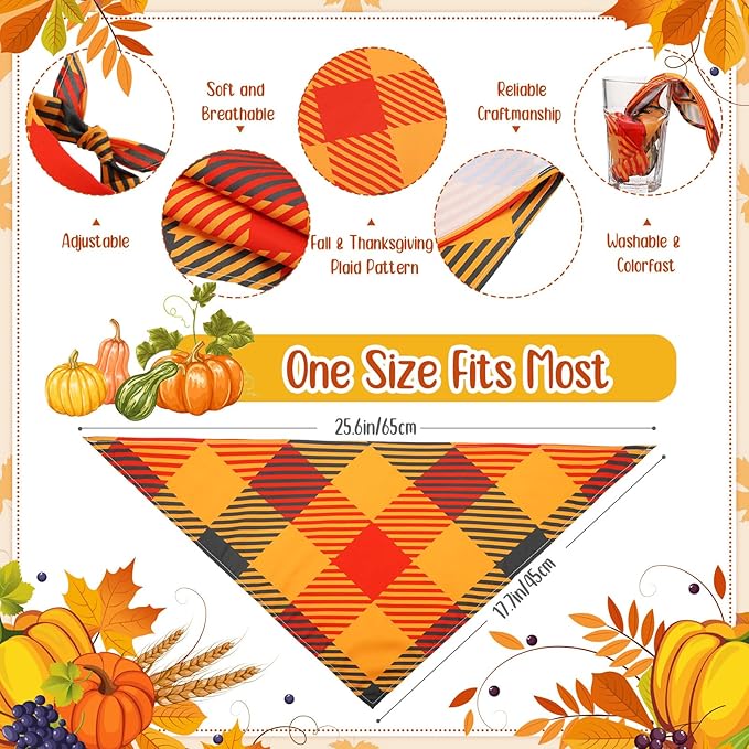 Sweetude 60 Pcs Fall Thanksgiving Plaid Dog Bandanas
