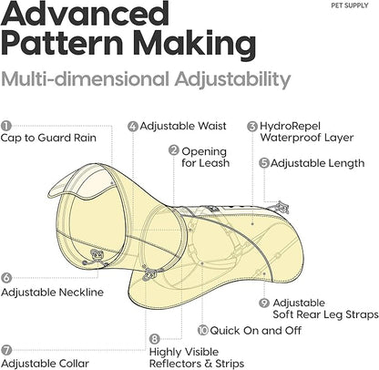 Dog Rain Poncho, Waterproof & Windproof Dog Raincoat for Wet Weather|Super Adjustable&Easily Wearable Rain Jacket for All Breeds，Size Large