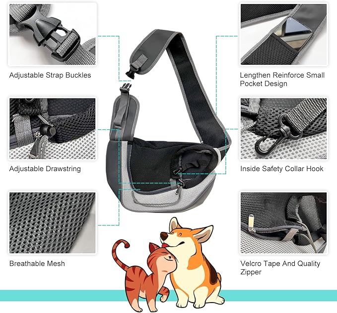 Pet Dog Sling Carrier, Puppy Travel Outdoor Cat Carrying Bag Accessories and Cat Supplies Hands Free Pet Backpack Bag, Large, Grey