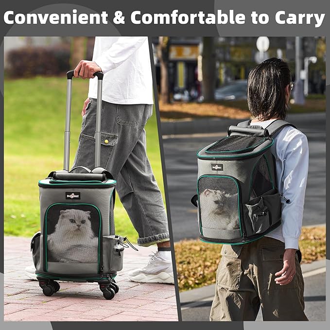 Cat Carrier Backpack with Wheels, Expandable Rolling Pet Carrier with Breathable Mesh, Removable Cat Dog Backpack Carrier with Storage Pocket for Small Medium Cat Dog Under 20LBS