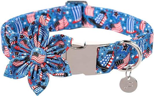 Patriotic Dog Collar with Flower 4th of 13.5-22in