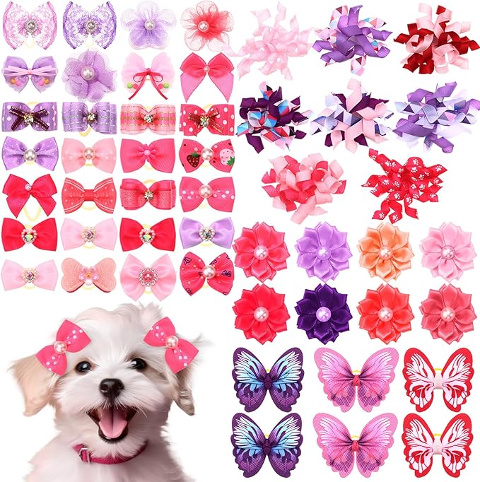 50 Pcs Dog Hair Bows Bulk with Rubber