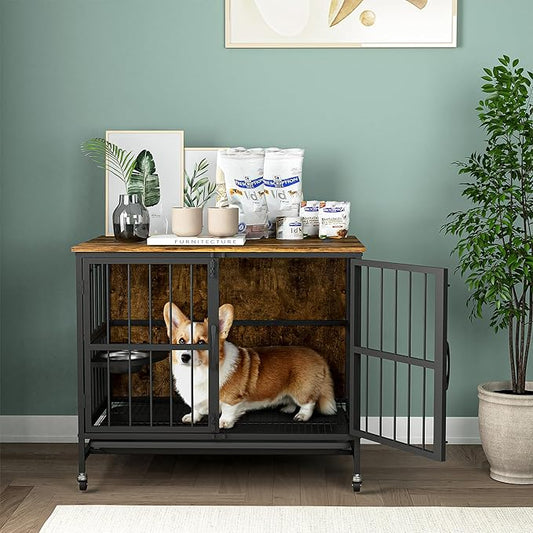 NicBex Dog Crate Furniture Dog Cage with 360 Degree Rotation Height Adjustable Feeding Bowls