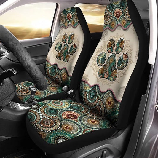 Green Boho Mandala Dog Paw Printed Auto Front Seats Protector 2pcs Thin