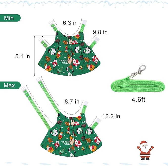 Adjustable Christmas Rabbit Harness and Leash Set, Small Animal Christmas Costume Bunny Clothes Santa Snowman Pattern Outfit for Ferret Guinea Pig Rabbit Bunny Hamster(Green/S)