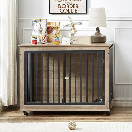 NicBex Dog Crate Furniture Dog Cage with Removable Feeding Bowls and 3 Doors