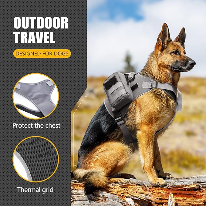 ROZKITCH Dog Backpack for Medium & Large Dogs Outdoor Hiking Camping, Dog Saddle Bag with Side Pockets & Adjustable Strap, Pet Harness Tactical Pack for Hunting Training Running Walk Travel Grey M