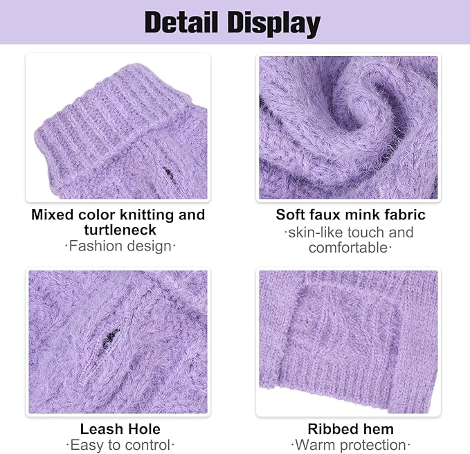 BEAUTYZOO Small Dog Sweater -Turtleneck Pullover Classic Cable Knit Fuzzy Winter Coat Dog Cold Weather Clothes for Small Medium Dogs Puppy Girl Boys,Purple XS