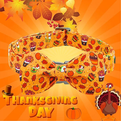 Lionheart glory Thanksgiving Dog Collar, Turkey Pumpkin Dog Bow Collar Adjustable Soft Comfortable Bowtie Collars for Medium Dogs Girl or Boy Fall Collar Dog Bow Pet Gift