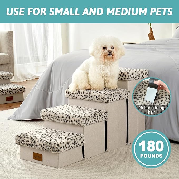 C0ZY KISS Dog Storage Stairs for Bed 18" H 33x13x17.71in, Leopard, 4 Tiers