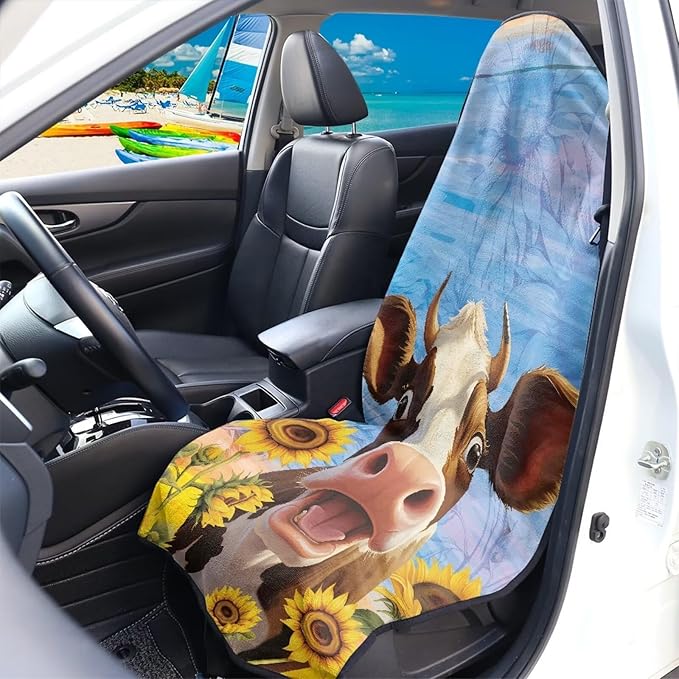 Cow Sunflower Sweatproof Towel Car Front Seat Cover Non-Slip Bucket Seat Protector Easy to Install for Athletes