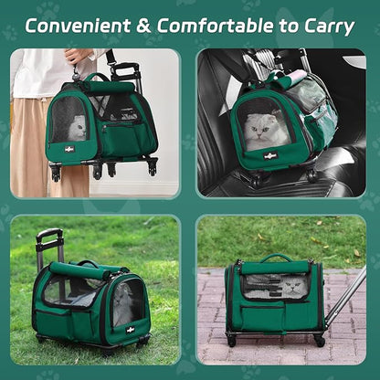 Cat Carrier with Wheels, Foldable Airline Approved Dog Cat Carrier with Wheels for Cat Dog Under 20 lbs, Rolling Cat Carrier Travel Bag with Telescopic Handle for Walking Travel Vet Visits