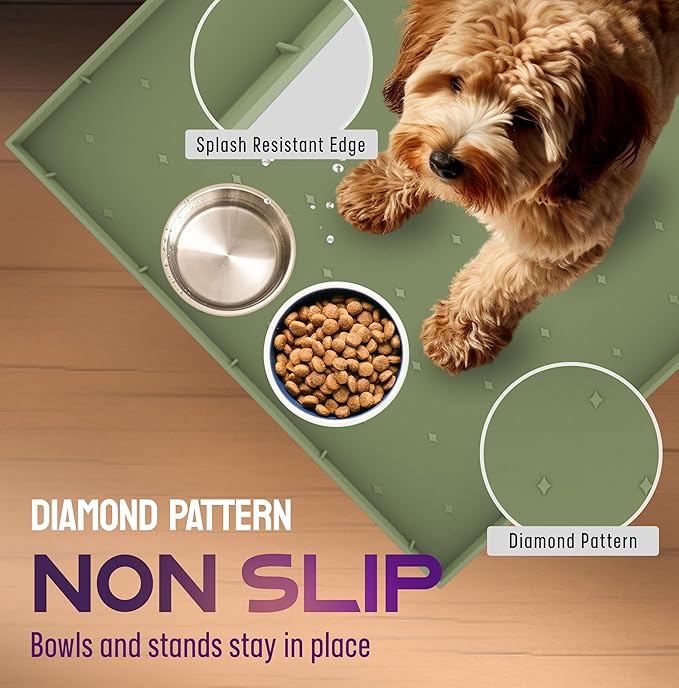 32x24x1” XL Dog Food Mat - All Purpose Silicone Pet Food Mat, Cat Litter Mat, Under Sink Mat - Raised Edges Dog Mat for Food and Water Prevent Spill, Waterproof Cat Food Mat Protect Floors