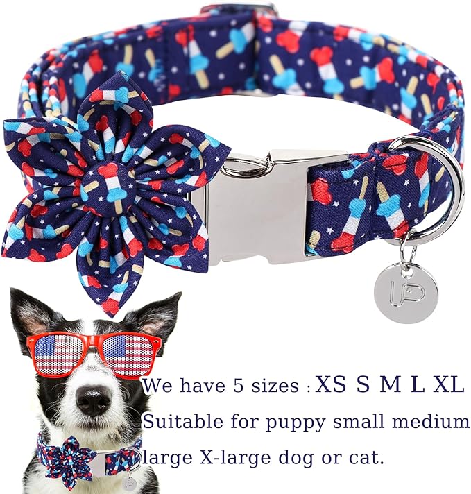 American Flag Dog Collar with Flower 4th of 13.5-22in