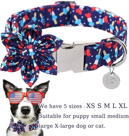 American Flag Dog Collar with Flower 4th of 13.5-22in