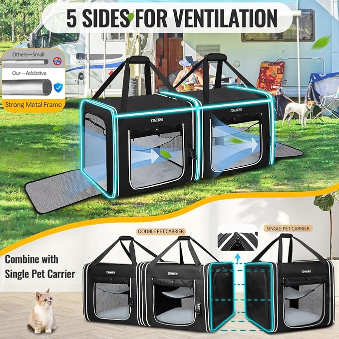 Petskd Portable Double Cat Carrier 2in1 Cat Car Travel Carrier 36x17x17in Dual Large Cat Carrier with Litter Box Pet Travel Carrier for Multiple Cats Soft Collapsible Carrier for Long Distance Travel