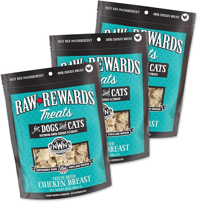 Northwest Naturals Raw Rewards Freeze-Dried Chicken Breast Treats for Dogs and Cats - Bite-Sized Pieces - Healthy, 1 Ingredient, Human Grade Pet Food, Natural - 10 Oz (Pack of 3)