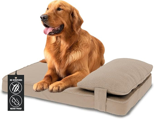 35"x 25" x 7" Washable Dog Bed with Square Pillow and Waterproof Cover, High Density Foam Scratch Proof Large Dog Bed with Orthopedic Support, Ultrasoft Breathable Pet Bed, Camel