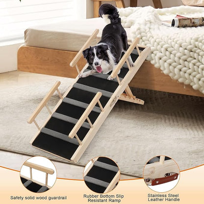 Wooden Dog Ramp for Car Dog Stairs for High Beds, Foldble Pet Steps with Handrail Dog Ramps for Large Dogs Older Animals