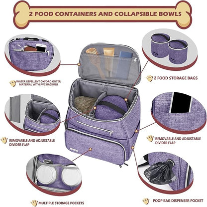 BAGLHER丨Dog Travel Bag Backpack, Airline Approved Pet Supplies Backpack, Dog Travel Backpack with 2 Silicone Collapsible Bowls and 2 Food Baskets Purple