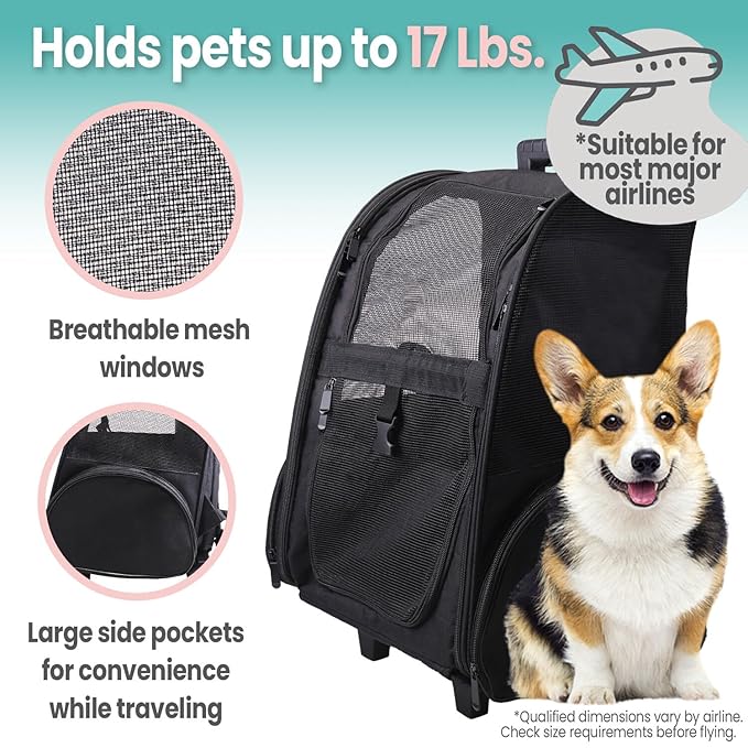 Critter Sitters Rolling 4-Wheel Pet Backpack Suitcase for Small Dogs, Cats with Scratch Resistant Breathable Mesh Window, Airline Carry-On Approved, Safety Leash, Animal Carrier Backpack