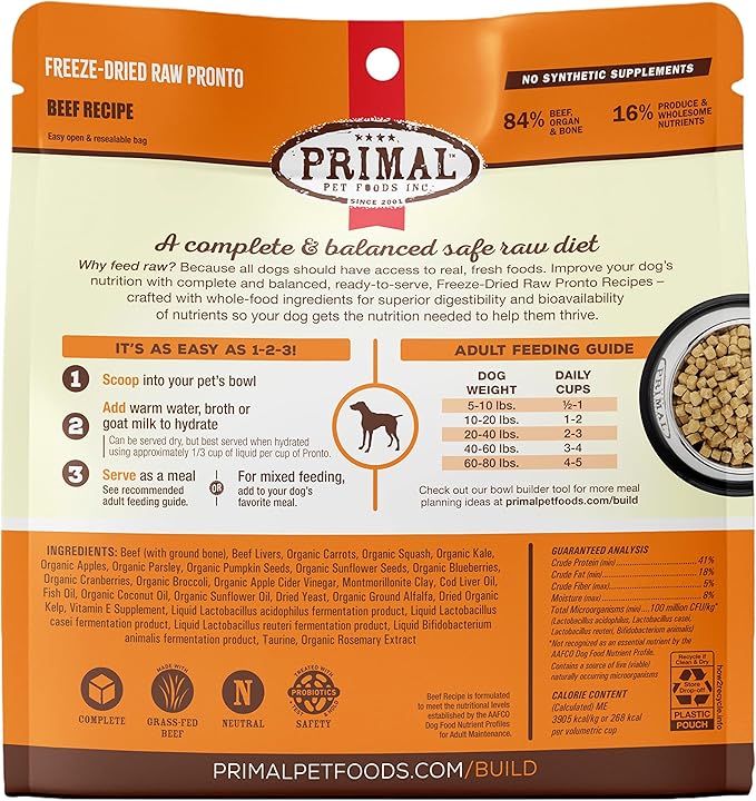 Primal Freeze Dried Dog Food Pronto, Beef; Scoop & Serve, Complete & Balanced Meal; Also Use as Topper or Treat; Premium, Healthy, Grain Free High Protein Raw Dog Food (25 oz, 2-pack)