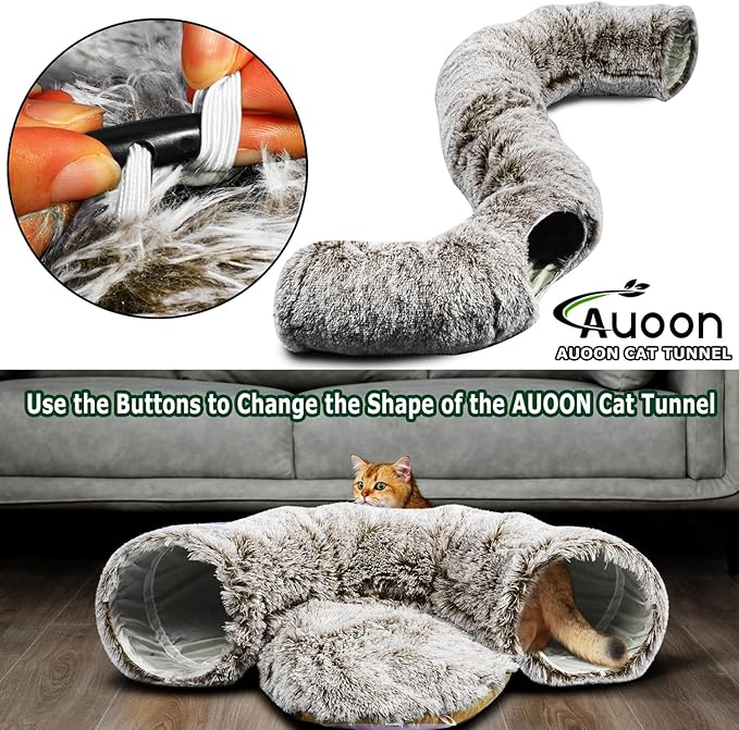 AUOON Cat Tunnel with Central Mat,Big Tube Playground Toys,Soft Plush Material,Full Moon Shape for Kitten,Cat,Puppy,Rabbit,Ferret (Brown)