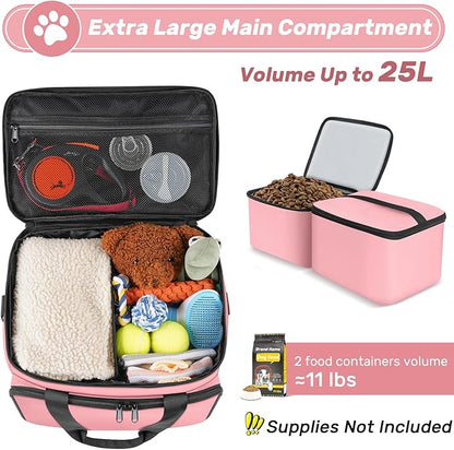 6 Set Dog Travel Bag, Large Pet Travel Kit for Supplies, Includes 2 Food Containers, 1 Travel Organizer for Dogs, 2 Collapsible Bowls, 1 Treat Pouch, Pink Dog Mom Gifts for Women