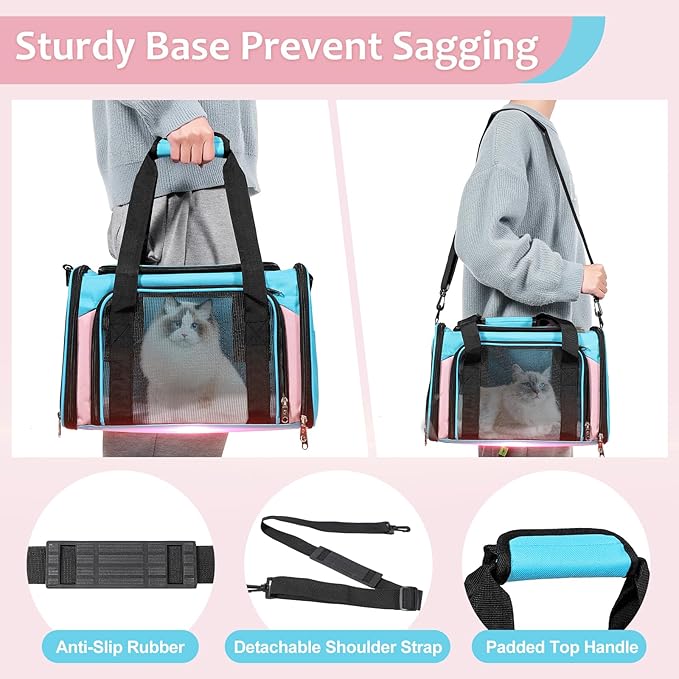 Cat Dog Carrier Up to 15 Lbs TSA Airline Approved Pet Carrier for Small Medium Cats Puppies Dog Carriers for Small Dogs Collapsible Soft Sided Cat Travel Carrier - Blue&Pink 15.7"x10.2"x10.2"