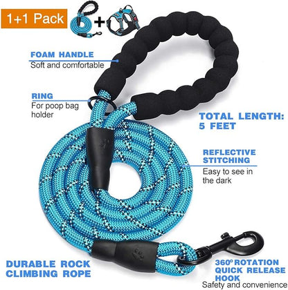 tobeDRI No Pull Dog Harness Adjustable Reflective Oxford Easy Control Medium Large Dog Harness with A Free Heavy Duty 5ft Dog Leash (L (Neck: 18"-25.5", Chest: 24.5"-33"), Blue Harness+Leash)