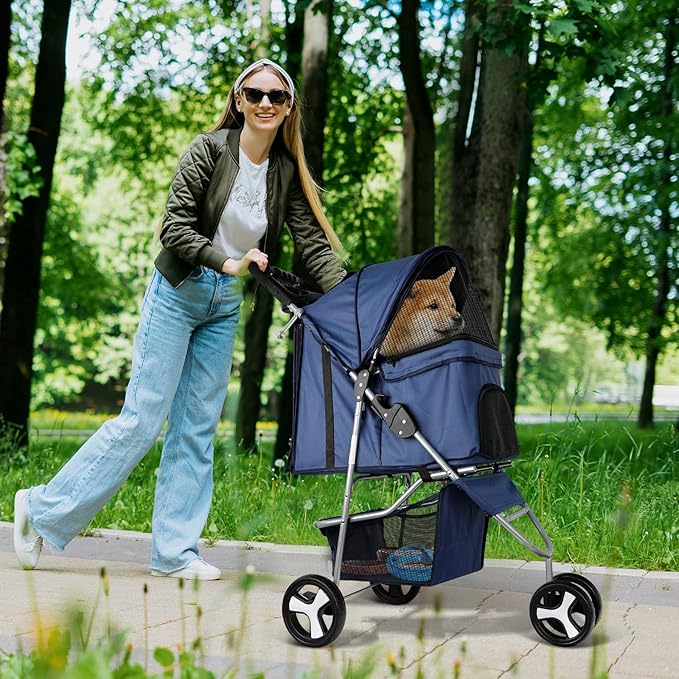 Foldable Dog Stroller for Small Medium Dog Cat 3 Wheels