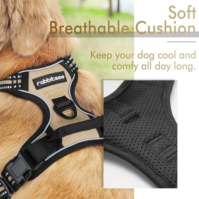 rabbitgoo Dog Harness, No-Pull Pet Harness with 2 Leash Clips, Adjustable Soft Padded Dog Vest, Reflective No-Choke Pet Oxford Vest with Easy Control Handle for Large Dogs, Beige, XL