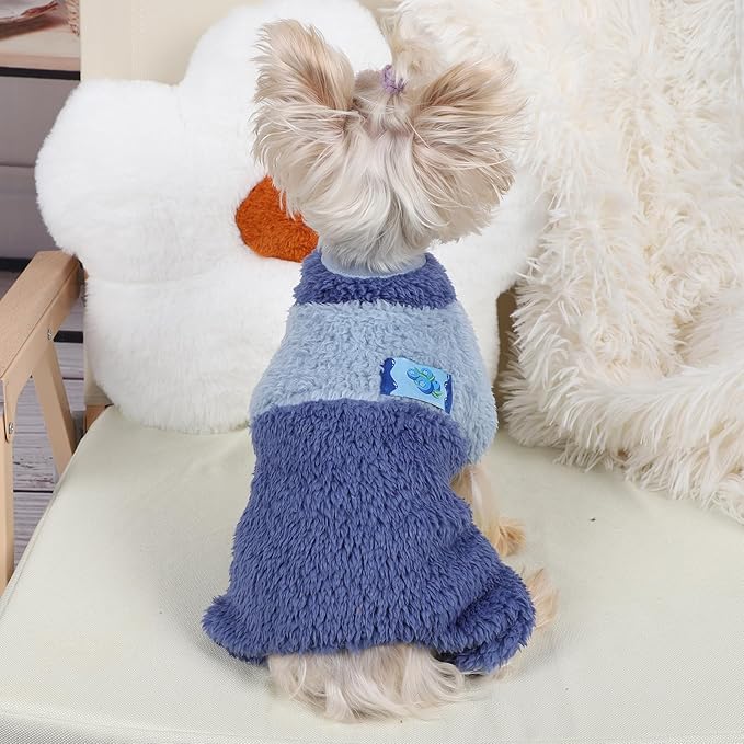 Dog Pjs for Small Dogs Chihuahua Yorkie Clothes Fleece Warm Puppy Pajamas Sweater Onesie Pink Pet Clothes Outfit Apparel (Blue