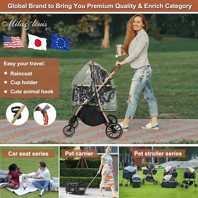 MILA&LOUIS 3 in 1 Folding Dog Stroller 4 Wheels 30lbs, Dog
