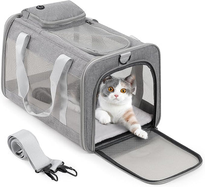 Cat Carrier Dog Carrier Portable Pet Carrier, Soft Sided Fat Cat Carrier Medium Airline Approved, Foldable Bunny Puppy Cat Carrier up to 20lbs, Cat Bag Carrier for Travel (Grey)