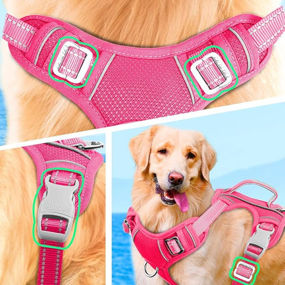 BARKBAY No Pull Dog Harness Large Step in Reflective Dog Harness with Front Clip and Easy Control Handle for Walking Training Running with ID tag Pocket(Pink