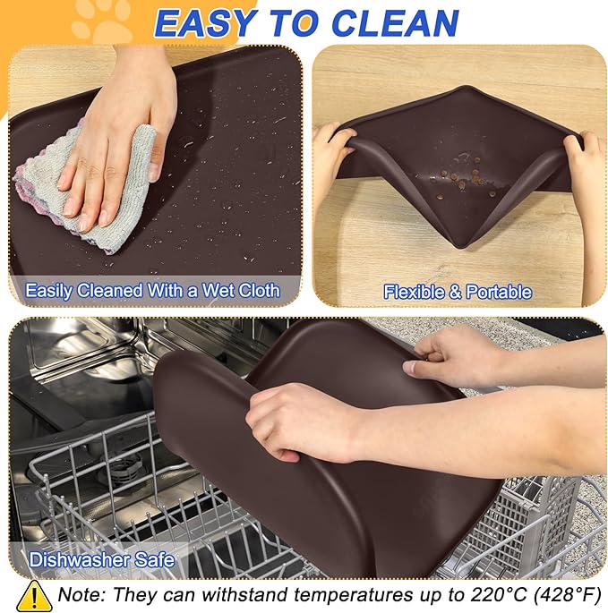 Silicone Pet Feeding Mat with Raised Edge, Dog Cat Bowl Mats for Food and Water, Pet Placemat for Floors Waterproof, 22” x 14” x 0.8” Brown