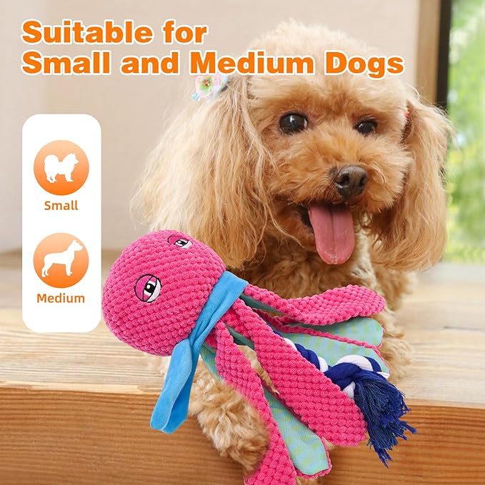 Squeaky Dog Toys, Cute Octopus Plush Toy with Detachable Rope for Dogs Indoor Play, Interactive Dog Toys with Non-Shedding Material for Small and Medium Dogs