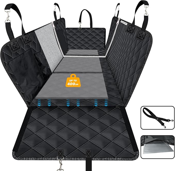 3 In 1 Back Seat Extender for Dogs, 40/60 Split Dog Car Seat Cover with Hard Bottom Dog Car Seat Bed Dog Hammock for Car Pet Backseat Protector with Mesh Window and Storage Pocket for Car(Dark Black)