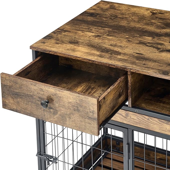 Okak Dog Crate Furniture Wooden Dog Crate Table with Drawers and Wheels Heavy Duty Dog Cage with Double Iron Doors Dog Kennel Indoor for Medium/Large Dog Brown,31.5" L