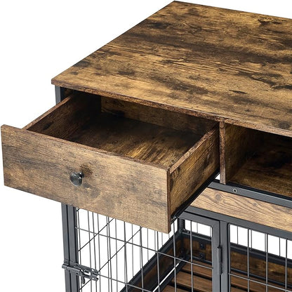 Okak Dog Crate Furniture Wooden Dog Crate Table with Drawers and Wheels Heavy Duty Dog Cage with Double Iron Doors Dog Kennel Indoor for Medium/Large Dog Brown,31.5" L