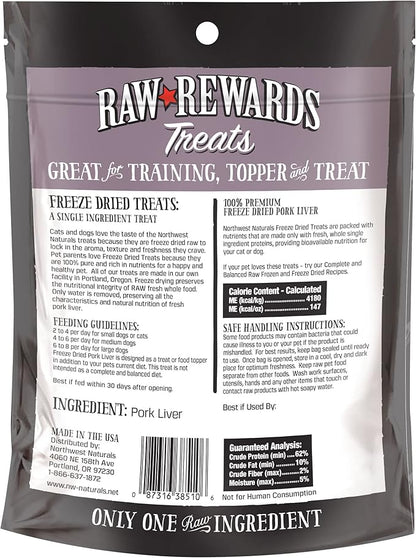 Northwest Naturals Raw Rewards Freeze-Dried Pork Liver Treats for Dogs and Cats - Bite-Sized Pieces - Healthy, 1 Ingredient, Human Grade Pet Food, All Natural - 3 Oz (Packaging May Vary)