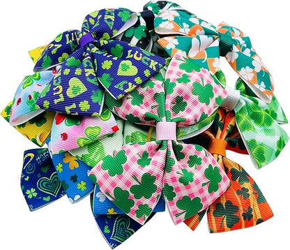 24Pcs/12 Pairs 4" Big St. Patrick's Day Dog Hair Bows with Rubber Band Three