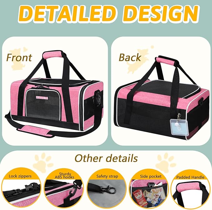 Petskd Pet Carrier 17x12x8.5 JetBlue Allegiant Airline Approved,Pet Travel Carrier Bag for Small Cats and Dogs, Soft Dog Carrier for 1-13 LBS Pets,Dog Cat Carrier with Safety Lock Zipper(Pink)