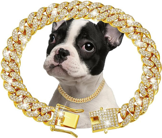 Gold Dog Chain Collar Diamond Cuban Link Dog 13mm Wide Cats(10inch)