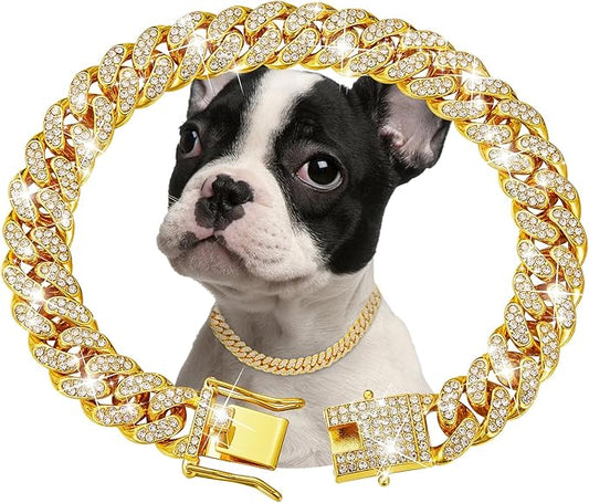 Gold Dog Chain Collar Diamond Cuban Link Dog 13mm Wide Cats(18inch)