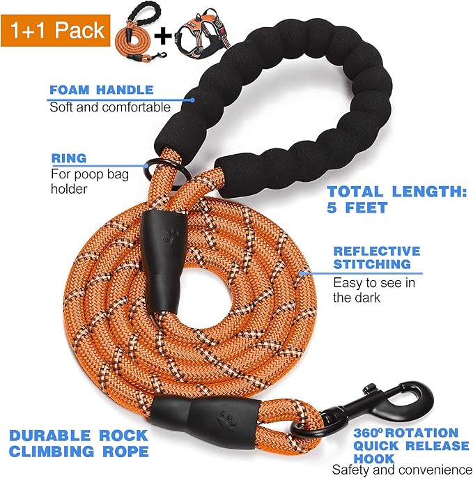 tobeDRI No Pull Dog Harness Adjustable Reflective Oxford Easy Control Medium Large Dog Harness with A Free Heavy Duty 5ft Dog Leash (M (Chest: 22"-26"), Orange Harness+Leash)