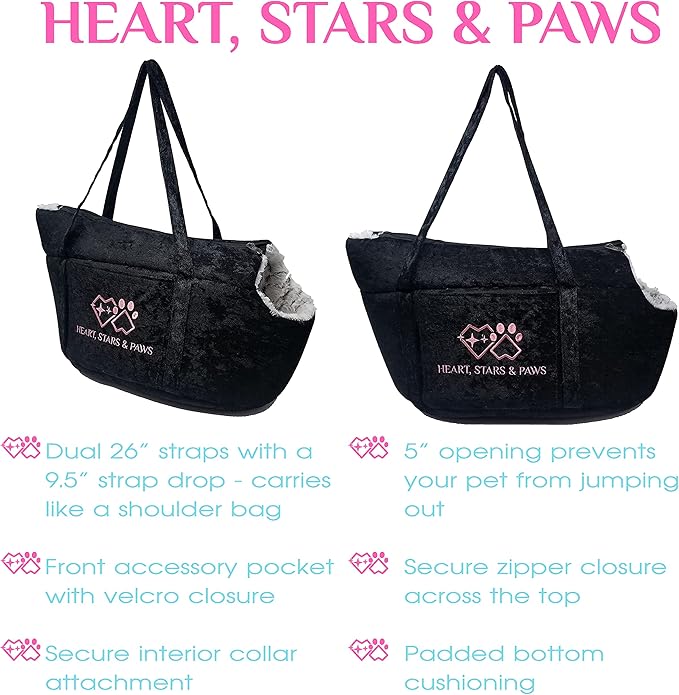 Heart, Stars and Paws Convertible Dog Bed - Pet Carriers for Small Dogs & Cats- Soft-Sided, Warm, Portable, Convenient & Secure Pet Bed, for Safe Travel & Outing (Black)